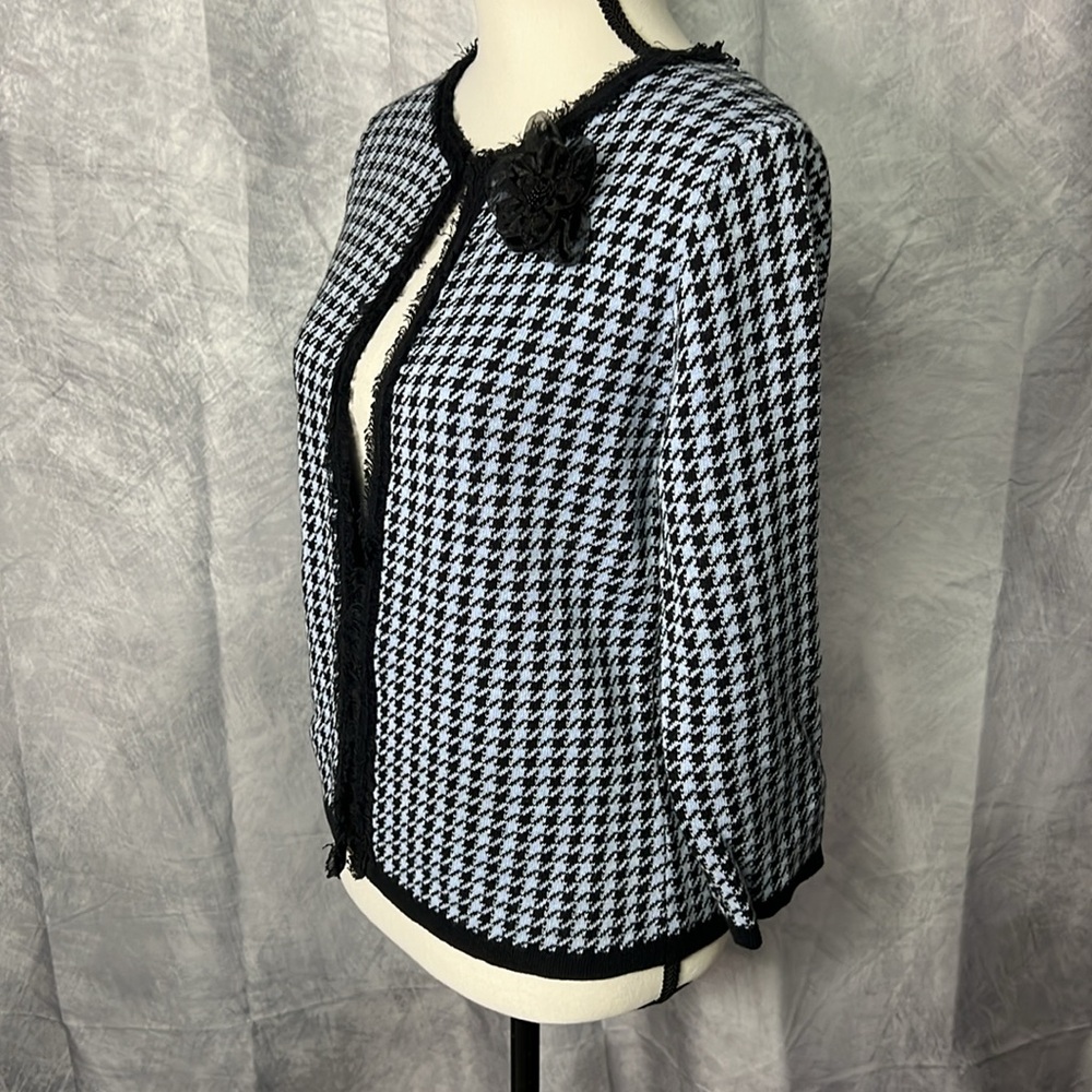 Crystal-Kobe Blue and Black Houndstooth Cardigan Sweater with Floral Pin Accent - Picture 4 of 11